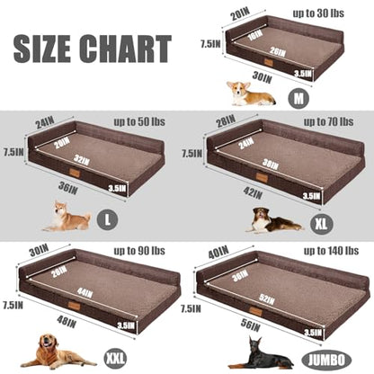 Patas Lague Orthopedic XL Dog Bed Large Sized Dog 42''X28'', Waterproof L Bolster Big Large Pet Sofa Beds with Removable Washable Cover, Soft Pet Couch Crate Mat with Nonskid Bottom, Brown - color: Brown, size: 42"L x 28"W x 3.5"Th
