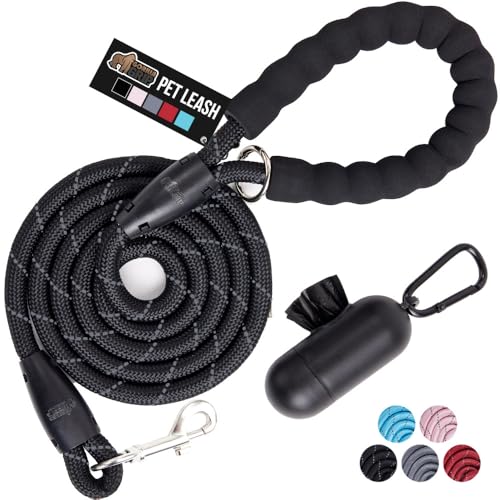 GORILLA GRIP Dog Leash, Heavy Duty Reflective Rope Leashes for 202lb Dogs, Cats, Small Animals, Puppy Training Essential for Walks, Hikes, Soft Handle, Rotating Metal Clip, Waste Bag Dispenser, Black - color: Black, size: 6 FT X 1/2 Inch (202lb)
