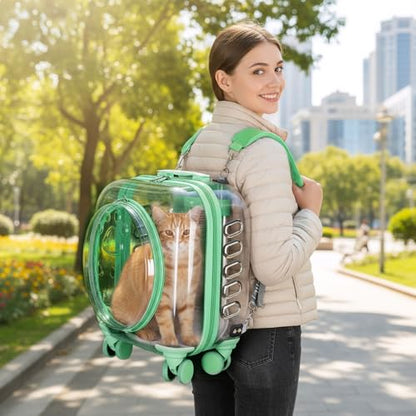 Cat Carrier with Wheels & Detachable Strap – Rolling Pet Trolley with Telescopic Handle, Transparent Hard Shell, Silent Wheels, Ventilated Design for Travel, Walking, Vet Visits for Small - color: Green