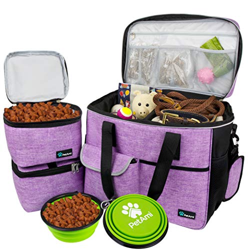 PetAmi Dog Travel Bag Organizer, Pet Travel Kit with 2 Food Containers & 2 Collapsible Dog Bowls, Pet Supplies Tote with Luggage Sleeve, Weekend Road Trip Camping Essentials, Purple, Large - color: Purple, size: Large - 15.5"L x 9.5"W x 14.0"H