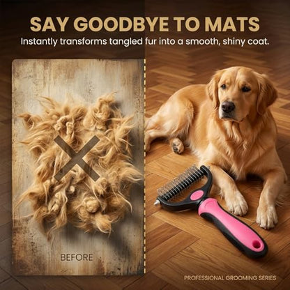Pet Grooming Tool for Dogs & Cats, Double Sided Deshedding Brush with Undercoat Rake, Dematting Comb for Long Thick Coats, Pet Hair Removal Grooming Comb for Shedding & Detangling (1, Blue, Large)