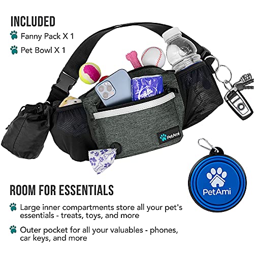 PetAmi Dog Fanny Pack, Treat Pouch for Dog Walking, Training, Built in Poop Bag Dispenser, Water Bottle Holder, Collapsible Bowl, Pet Treat Waist Belt for Hiking, Running, Kibbles (Charcoal) - color: Charcoal