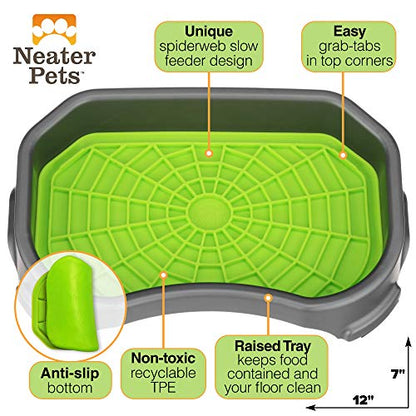 Neater Pets Neat-LIK Dog Lick Mat w/Mess-Proof Tray, Lick Mat for Dogs, Cats, Puppy, Reduces Anxiety & Boredom, Peanut Butter Slow Feeder, Interactive Treat Licking Pad (Purple & Green/Gunmetal) - color: Purple & Green Mats w/ Gunmetal Tray