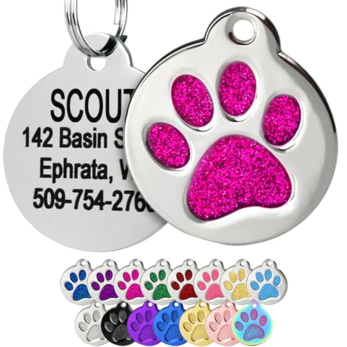 GoTags Paw Print Round Stainless Steel Pet Tag for Dogs and Cats, Personalized with 4 Lines of Custom Engraved ID Name and Number, in Stainless Steel and 15 Colors Small and Large, Glitter Pink - color: Glitter Pink, size: Small w/o Silencer