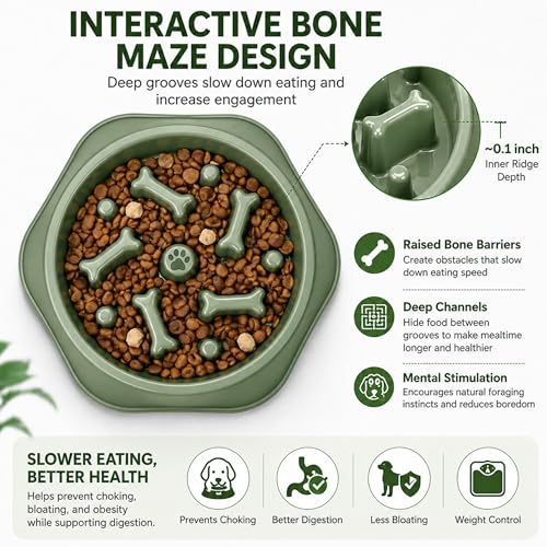 Slow Feeder Bowl for Small & Medium Cats & Dogs - Durable Slow Feeding Bowl with Non-Slip Base - Anti-Choking Puzzle Food Bowl for Dogs That Helps Mental Stimulation & Reduces Fast Eating-Green - color: Green
