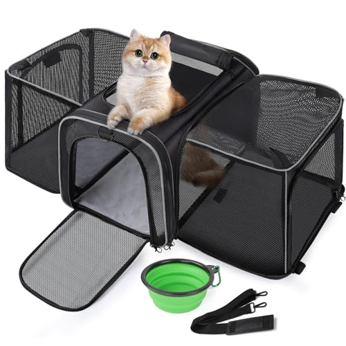 Pecute Cat Carrier Expandable, Extra Large Pet Carrier Bag, Foldable Cat Carrier Bag with Breathable Mesh, Pet Carrier Transport Bag for Dogs and Cats, with Shoulder Strap and Pet Bowl, Black