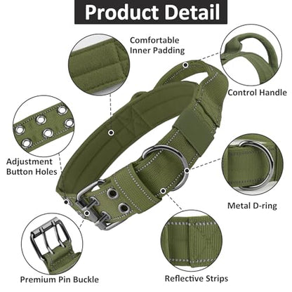 Tactical Dog Collar with Control Handle, Military Adjustable Pet Collar Reflective Heavy Metal Buckle Dog Collar, Soft Nylon Training Collar for Medium Large Dogs (Green, Medium) - color: Green, size: Medium