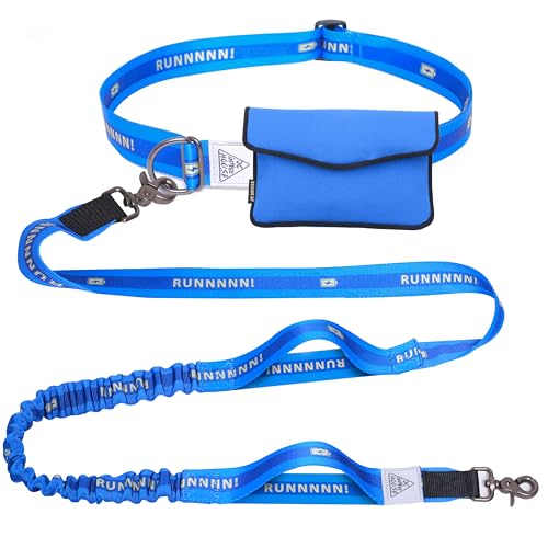 Hands Free Dog Leash, Heavy Duty with Waist Belt & Storage Pouch, Strong Pull Control, Two Handles Bungee for Running & Walking, Big & Medium Dogs, Blue - color: Royal Blue
