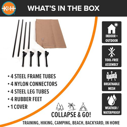 K&H Outdoor Elevated Dog Bed - Cooling Raised Dog Bed for Medium & Large Pets, Breathable Mesh Hammock Design, Indoor/Outdoor Washable Cover, Portable Metal Frame, Tan, Large 42x30in
