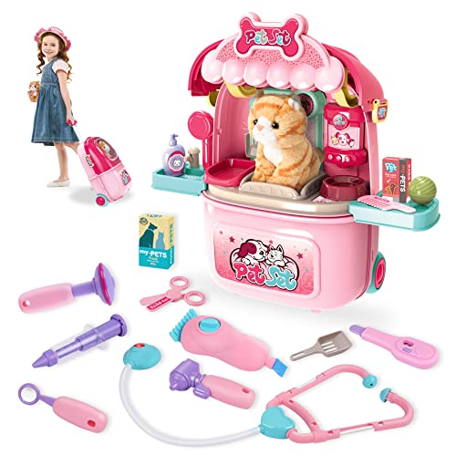MAGIC4U Pet Cat Care Carrier Suitcase Toy, 29PCS Vet Clinic and Doctor Kit for Kids, Pet Kitty Grooming Feeding Toys, Veterinarian Pretend Play Set, Gifts for Boys and Girls Ages 3-12 | Kitty Vet Toys, Animal Doctor Kit for Toddlers, Cat Grooming Toys, Pr