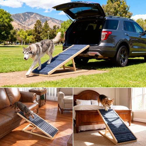 Adjustable Wooden Dog Ramp for Small & Medium Dogs, 39.4" Long x 15.8" Wide Portable Pet Ramp for Bed, Couch, Sofa & Car, Anti-Slip Carpet, Lightweight Foldable Indoor Outdoor Travel Dog Ramp - size: 39.4"L x 15.8"W