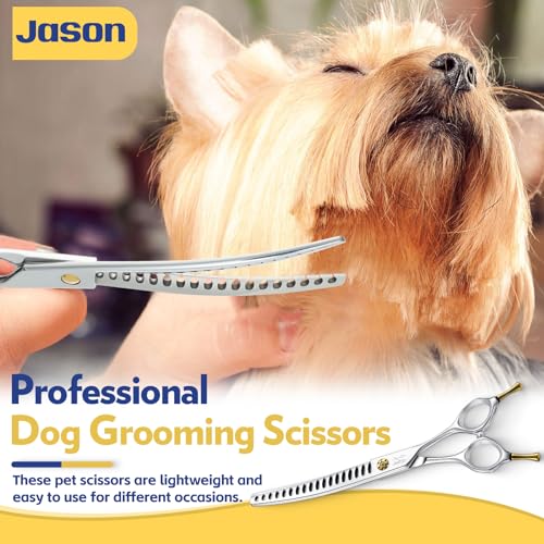 JASON Dog Scissors for Grooming - 7" Up-curved Chunker Shears with 65%-70% Thinning Rate, Professional Japanese 440C Stainless Steel Dog Grooming Chunkers with Adjustable Screw (18 Teeth, Silver) Gift - style: Up-curved Chunkers02