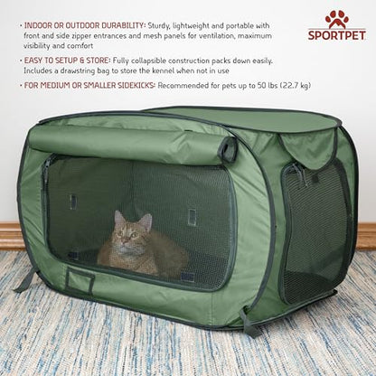 SportPet Designs Soft-Sided Pop-Open Pet Kennel, Medium Portable Travel Crate for Cats & Dogs up to 50 lbs, Foldable Car Kennel with Seatbelt Straps & Washable Waterproof Pad, Green - color: Green