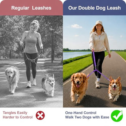 Double Dog Leash for Two Dogs, Complete Set with 31.5" Main Leash + Adjustable Splitter, Padded Handle, D-Ring, 360° Swivel, Shock-Absorbing Bungee, Reflective for Small Medium Large Dogs (Purple) - color: Purple