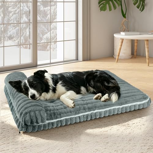 Comfort Dog Beds for Extra Large Dogs,Dog Bed with Removable Washable Cover, Deluxe Plush Dogs Bed for Crate with Pillow, Anti-Slip Pet Mat Mattress for Kennel with Durable Zipper(Grey,XL) - color: Grey, size: X-Large（41*27*4.0 in）