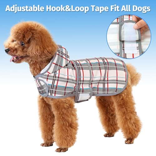 Dog Raincoat, Waterproof Dog Rain Jacket with Hood, Adjustable Rain Coat Poncho with Reflective Strips & Leash Hole for Large Medium Small Dogs Puppies, Lightweight Pet Clothes - color: Khaki Plaid, size: X-Small