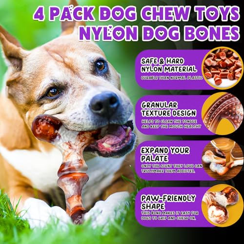 4 Pack Dog Chew Toys for Aggressive Chewers - Tough Indestructible Dog Toys with Bacon Flavor- Durable Nylon Bones Toy for Small Medium Large Breed - Puppy Gifts - size: Medium