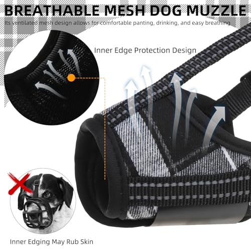 PUPTECK Dog Muzzle, Soft Adjustable Loop Reflective Pets Muzzle Prevent Biting Barking Chewing, Breathable Muzzle with Air Mesh Dog Mouth Guard Drinkable for Large Medium Small Sized, Black Plaid, L - color: Black, size: L (Snout Cir: 7.09"-9.45")