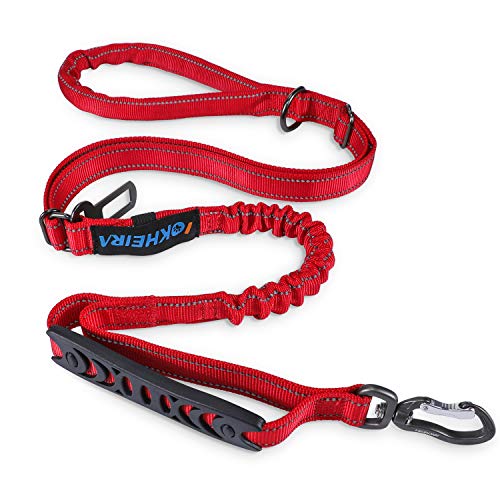 IOKHEIRA Multifunctional Dog Leash for Medium & Large Dogs - Red Adjustable With Car Seatbelt, 4-6 FT Strong Bungee - color: Red