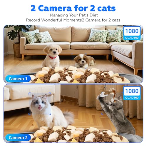 Automatic Cat Feeder with 2 Camera for 2 Cats, 7L Large Food Dispenser | Multiple Cats Household | Timed Cat Feeder | Two-way Voice | Separation Anxiety | Weight / Diet Control | 5G WiFi APP Control - color: White-2b