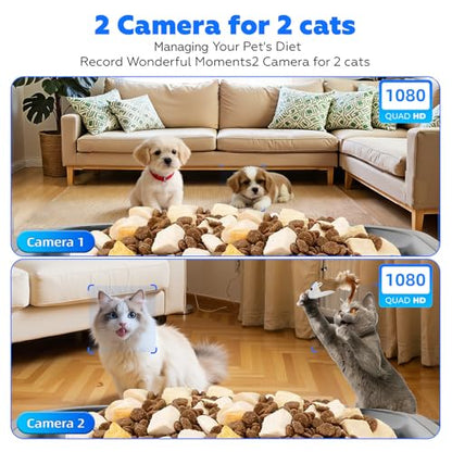 Automatic Cat Feeder with 2 Camera for 2 Cats, 7L Large Food Dispenser | Multiple Cats Household | Timed Cat Feeder | Two-way Voice | Separation Anxiety | Weight / Diet Control | 5G WiFi APP Control - color: White-2b