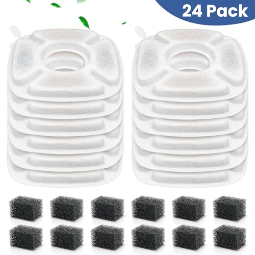 24 Pack Cat Water Fountain Replacement Filters, 12 Pcs Cats Fountain Filters & 12 Pcs Pre-Filter Sponges for 95oz/2.8L 135oz/4L 67oz/2L Automatic Pet Dog Fountain Water Dispenser