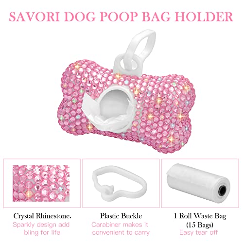 SAVORI Dog Poop Bag Holder Bling Crystal Dog Waste Bags Dispenser for Pet Dog Doggy with Carabiner Clip Includes 1 Roll 15 Bags (Pink) - color: Pink