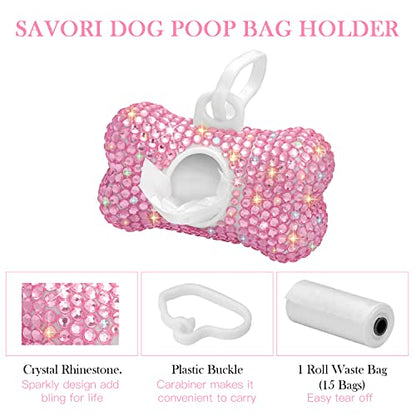 SAVORI Dog Poop Bag Holder Bling Crystal Dog Waste Bags Dispenser for Pet Dog Doggy with Carabiner Clip Includes 1 Roll 15 Bags (Pink) - color: Pink