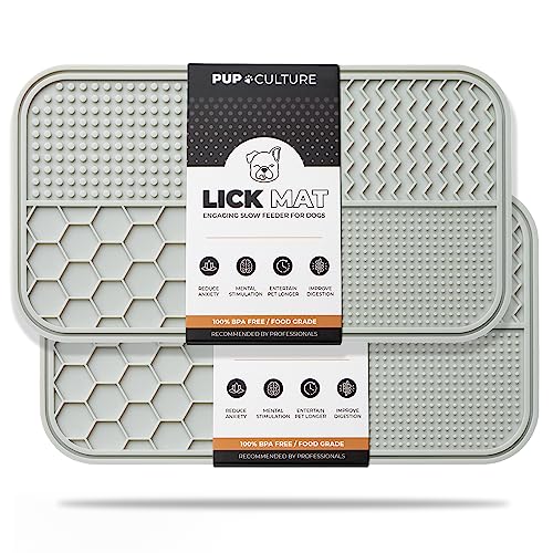 Pup Culture Dog Lick Mat for Dogs (2 Pack), Feeding Pad for Anxious Pets Plus 4 Different Puzzles for Mental Stimulation for Dogs - Supports Mental, Dental, and Digestive Health - Heavy Duty - color: Grey, size: 2 Pack