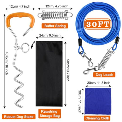 LANNEY Dog Tie Out Cable and Stake, 30ft Leash Chain Lead with Swivel Hook and Shock Spring for Yard Outside Camping, 16 inch Heavy Duty Spiral Ground Stake for Medium Large Dogs Up to 125 Lbs