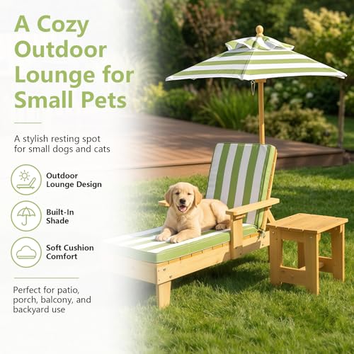 Dog Lounge Chair with Umbrella, Outdoor Elevated Dog Bed with Canopy and Removable Cushion, Pet Lounger with Side Table, Outdoor Dog Furniture for Backyard, Patio, Pool and Beach (Green)