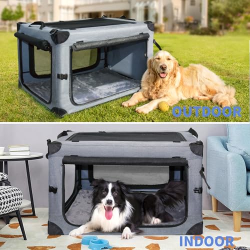 NEZUC Collapsible Dog Crates for Large Dogs Portable Soft Sided Travel Dog Carrier for Indoor & Outdoor, 4-Door Foldable Pet Kennel with Durable Mesh Windows (Gray, 24.0" L x 17.0" W x 17.0") - size: 24.0"L x 17.0"W x 17.0"H