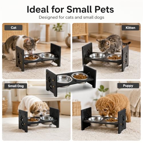 Elevated Cat Bowls, Adjustable Raised Pet Bowls with 2 Stainless Steel Bowls, Wooden Feeding Stand for Cats and Small Dogs, Double Food and Water Feeder, 500 ml Each Bowl, Black