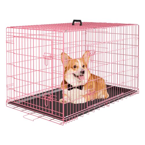 PayLessHere Large Dog Crate Kennel for Medium Large Dogs 36 inches Metal Dog Cage Double-Door Folding Travel Indoor Outdoor Puppy Playpen with Divider and Handle Plastic Tray,Pink - color: Pink, size: 36.0"L x 22.0"W x 24.0"H