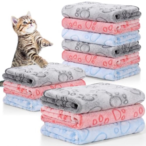 Tegeme 12 Pcs Pet Blankets 30 x 20 Inch Soft Fluffy Fleece Dog Cat Warm Paw Print Pattern Blankets Flannel Throw for Pets Dog Puppy Cat(Pink,Gray,Blue) - color: Pink,gray,blue, size: 30 x 20 Inch