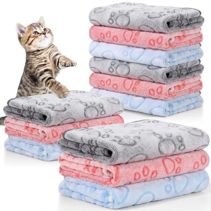 Tegeme 12 Pcs Pet Blankets 30 x 20 Inch Soft Fluffy Fleece Dog Cat Warm Paw Print Pattern Blankets Flannel Throw for Pets Dog Puppy Cat(Pink,Gray,Blue) - color: Pink,gray,blue, size: 30 x 20 Inch