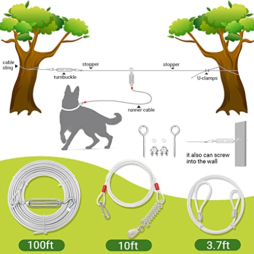 Dog Tie Out Cable - 100 ft Long Dog Cable with 10 ft Run Cable for Yard Training Running Camping Hiking Outdoor - Heavy Duty Chew Proof Lead Leash with Buffer Spring for Small Medium Large Dogs - color: Silver