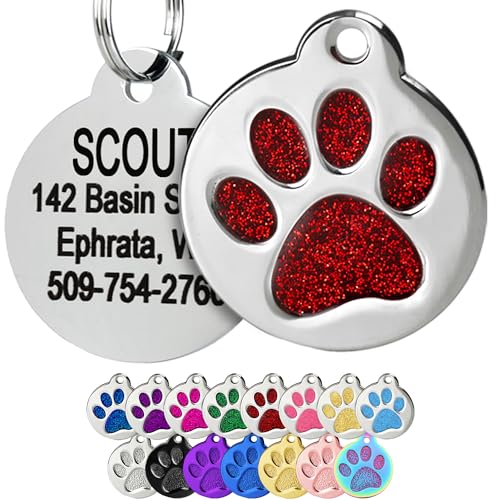 GoTags Paw Print Round Stainless Steel Pet Tag for Dogs and Cats, Personalized with 4 Lines of Custom Engraved ID Name and Number, in Stainless Steel and 15 Colors Small and Large, Glitter Red - color: Glitter Red, size: Small w/o Silencer