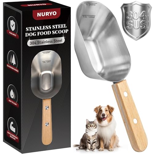 Dog Food Scoop 1 Cup with Clear Measurement Lines, Food Measuring Cup with Long Wooden Handle, 304 Stainless Steel Pet Food Scoop for Dog Cat Food, Coffee, Flour