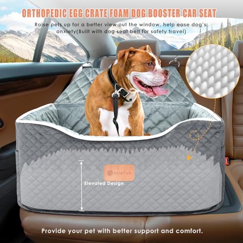 AlfaTok Memory Foam Booster Dog Car Seat for Medium Dogs Under 45 LBS, Elevated Pet Car Seat with Detachable Washable Cover, Anti-Slip Sturdy Dog Booster Seat with Seat Belt for Back Seat Travel