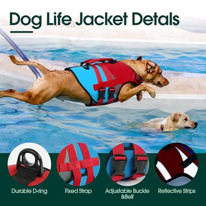 Kuoser Dog Life Jacket with Reflective Strips, High Visibility Dogs Swim Vest with Rescue Handle, Adjustable Dog Life Vest for Swimming, Boating, Pool & Beach, Doggy Lifejacket Small Medium Large Dogs - color: Red & Navy, size: Small (Chest Girth:16.9-21.