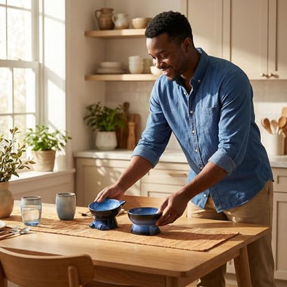 Nihow Elevated Cat Bowls,6 Inch Ceramic Raised Cat Food and Water Bowl Set | Slanted,Whisker Friendly,for Protecting Pet's Spine,Microwave & Dishwasher Safe ,Elegant Blue & Black,6.8 OZ - color: Blue & Black, size: 6.8 OZ+15.5 OZ