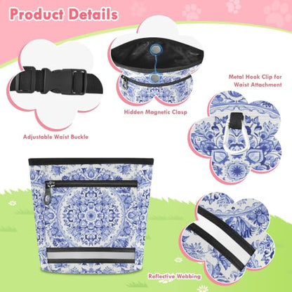Mandala Water-Resistant Dog Treat Pouch, 3 Ways to Wear Treat Bag with Magnetic Closure & Reflective Strip, Hands-Free for Pet Training, Walking