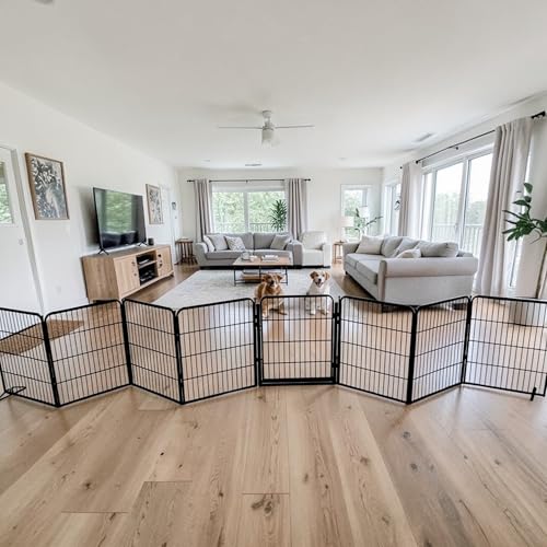 Extra Wide Adjustable Dog Gate w/Door – 40 inch Tall & Up to 214 Inch Wide 8 Panel Indoor Pet Barrier, Freestanding Heavy Duty Black Metal Fence for Medium & Large Dogs - size: 40 Inch