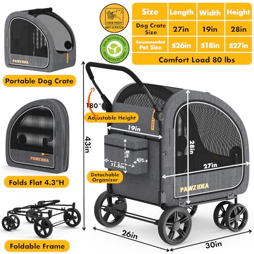 PAWZIDEA 3-in-1 Large Dog Stroller with Detachable Carrier up to 80lbs, Portable Dog Car Crate & Travel Kennel, Foldable Pet Stroller for 2 Medium Dogs, All-Terrain 9” Jogger Wheels, Adjustable Handle - color: Mid-Hemp Grey