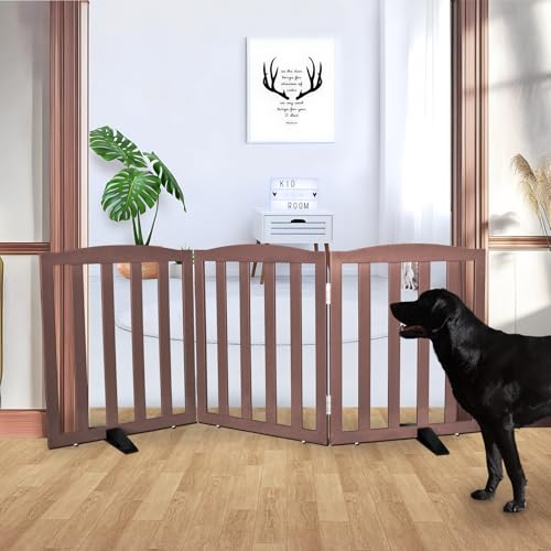 Freestanding Dog Gate Indoor,Doggie Gate Foldable Pet Gates for Doorways,Stairs or Hallways, Wooden Brown Pet Gate for the House, Pet Fence with Support Feet Included,24 "Height-3 Panels - color: Brown, size: 【3 Panels】60‘’w x 24''h