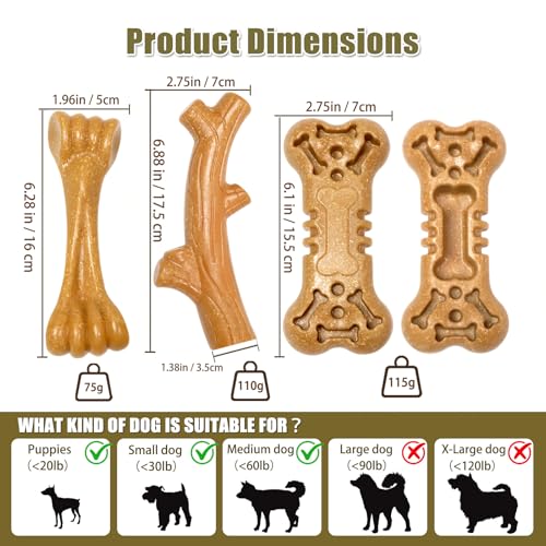 SCHITEC Dog Toys for Aggressive Chewers, 3 Pack Nylon & Wood Dog Chew Toy, Tough Chew Bone for Medium Large Dogs, Indestructible Teething Dog Toy, Chicken Flavor (Medium) - style: Medium