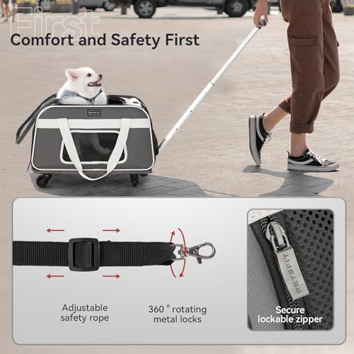 PETSFIT Airline Approved Cat Carrier with Wheels Designed for Small Dogs/Cats with Adjustable Safety Rope & Removable Wheels - color: Gray, size: 20.1"L x 12.2"W x 14.2"H