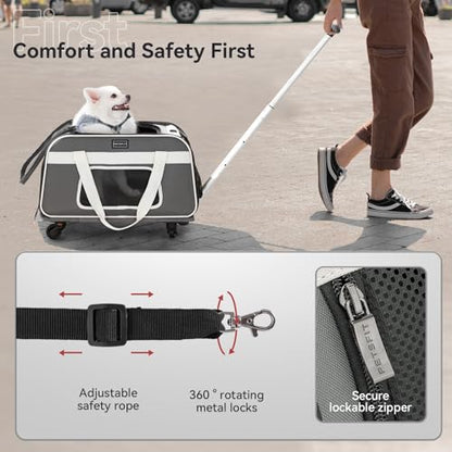 PETSFIT Airline Approved Cat Carrier with Wheels Designed for Small Dogs/Cats with Adjustable Safety Rope & Removable Wheels - color: Gray, size: 20.1"L x 12.2"W x 14.2"H