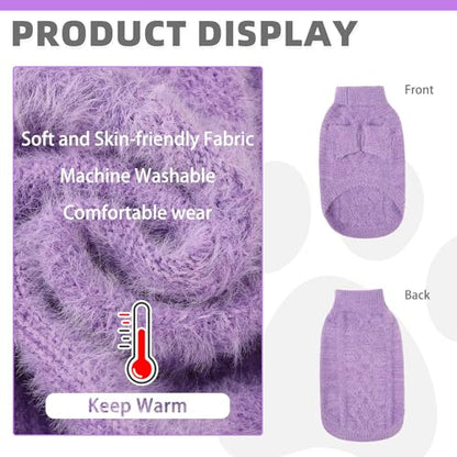 KOOLTAIL Small Dog Sweater, XS Fuzzy Thick Super Soft Warm Dog Winter Sweater Turtleneck Pullover for Cold Weather, Classic Cable Knitwear, Fleece Pet Fall Clothes Coats Puppy Cat Male Female Perple - color: Purple, size: X-Small